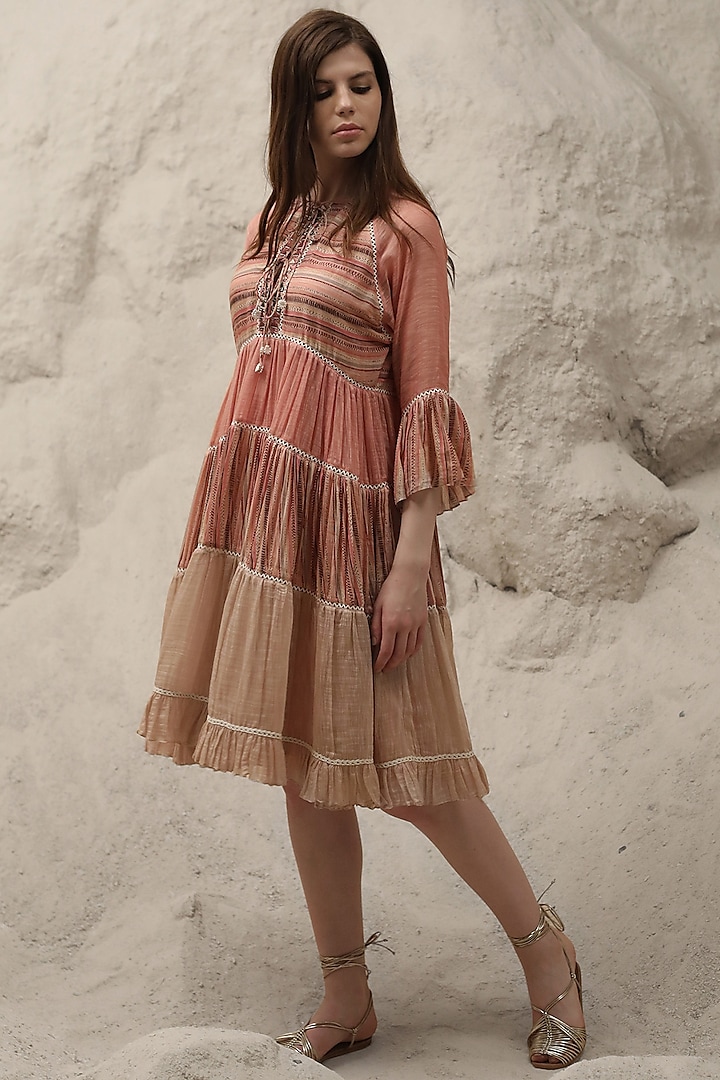 Peach Embroidered Striped Dress With Inner by Varq By Varun Nidhika