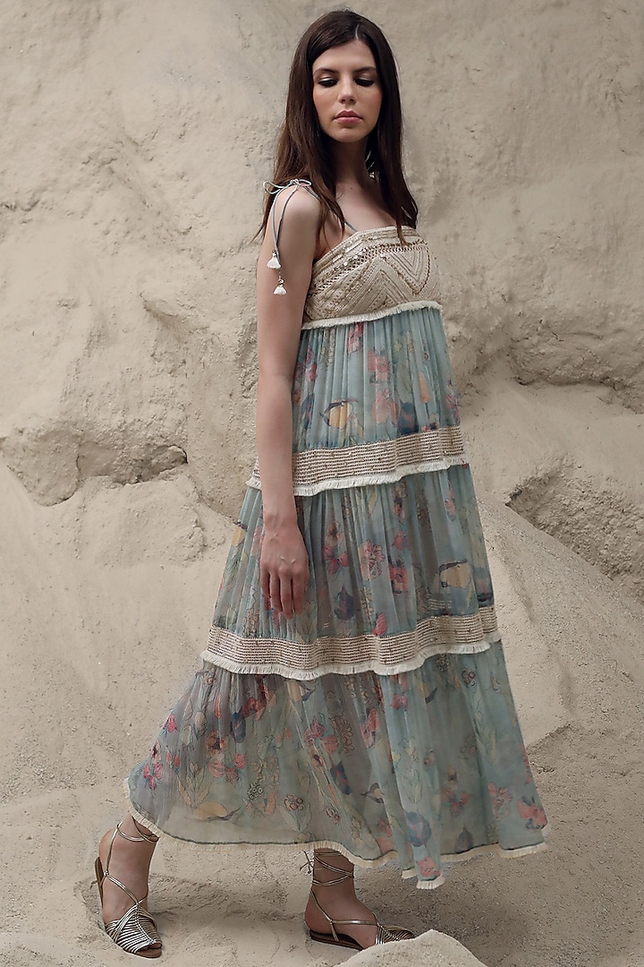 Opal Blue Floral Printed Dress With Inner by Varq By Varun Nidhika