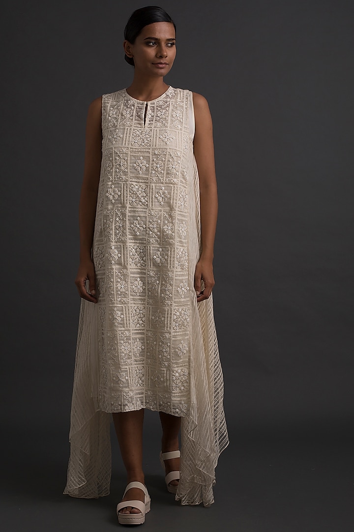 Ivory Cross Stitch Embroidered Tunic  by Varq By Varun Nidhika
