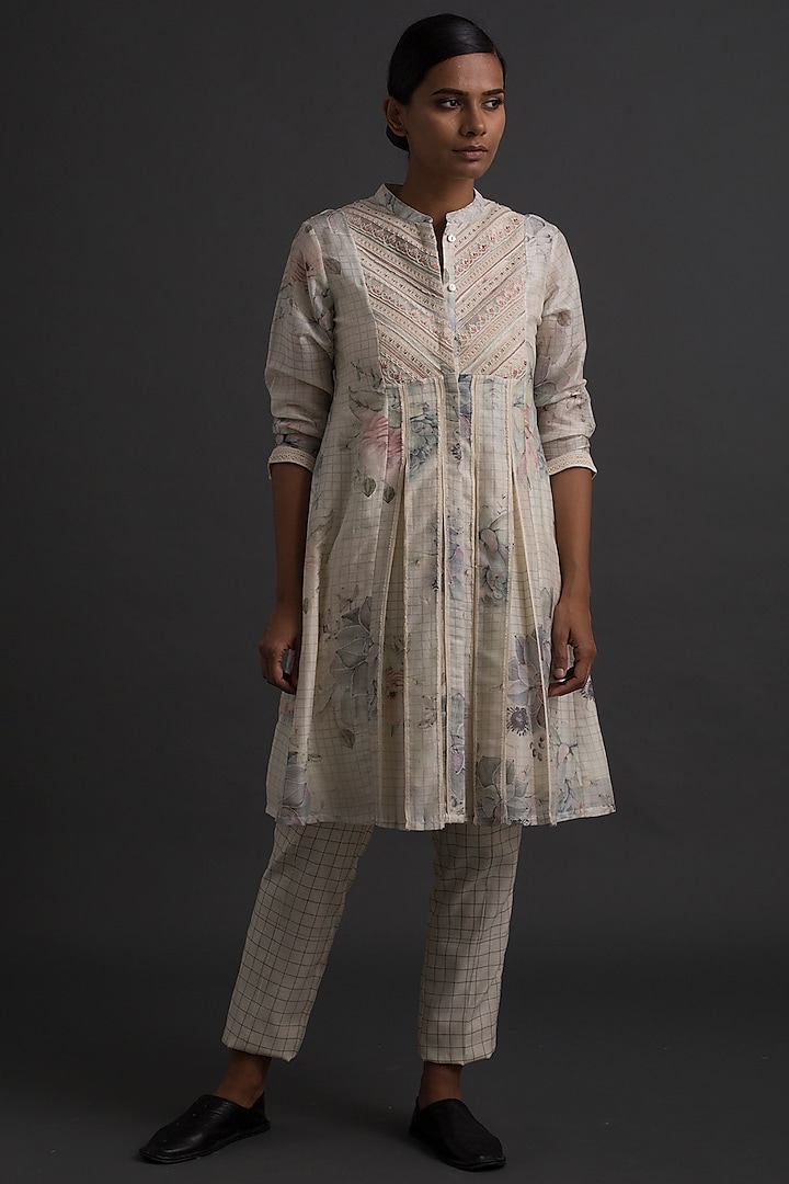 Ivory Printed & Embroidered Shirt Dress by Varq By Varun Nidhika