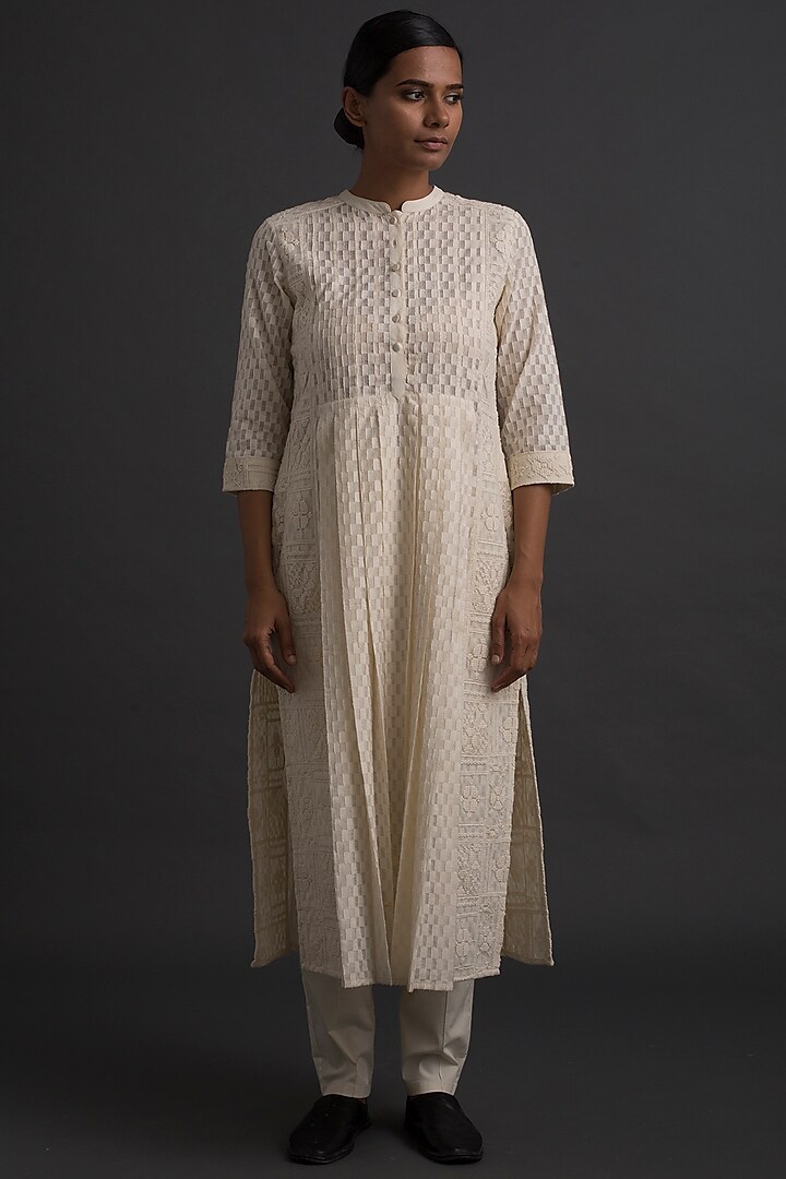 Ivory Embroidered Tunic With Cutwork by Varq By Varun Nidhika