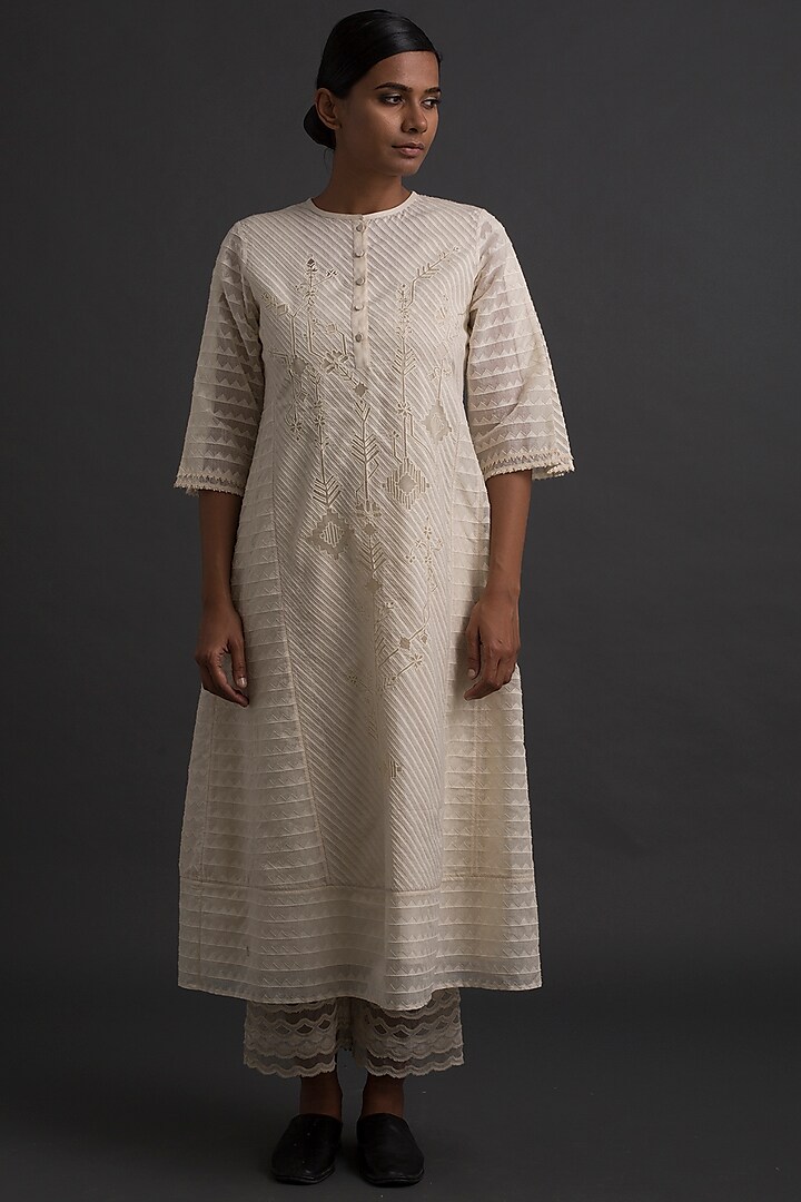 Ivory Appliques Embroidered Tunic by Varq By Varun Nidhika