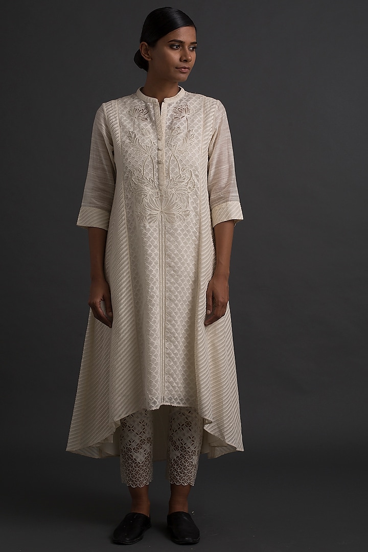 Ivory Asymmetric Floral Embroidered Tunic by Varq By Varun Nidhika