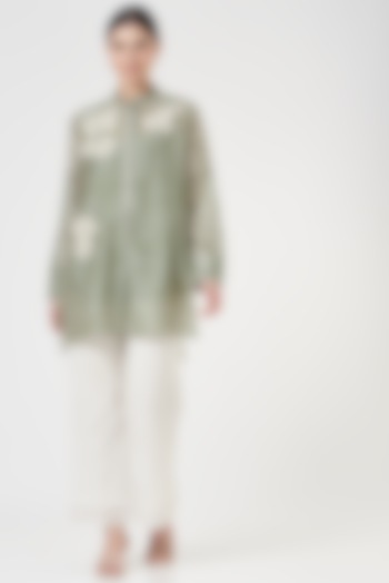 Olive Green Embroidered A-Line Shirt Tunic by Varq By Varun Nidhika