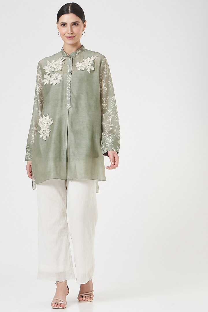 Olive Green Embroidered A-Line Shirt Tunic by Varq By Varun Nidhika