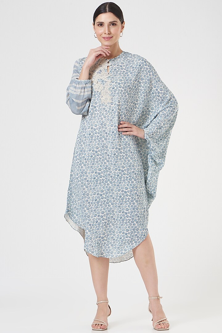 Ash Blue Floral Embroidered Tunic by Varq By Varun Nidhika at Pernia's Pop Up Shop