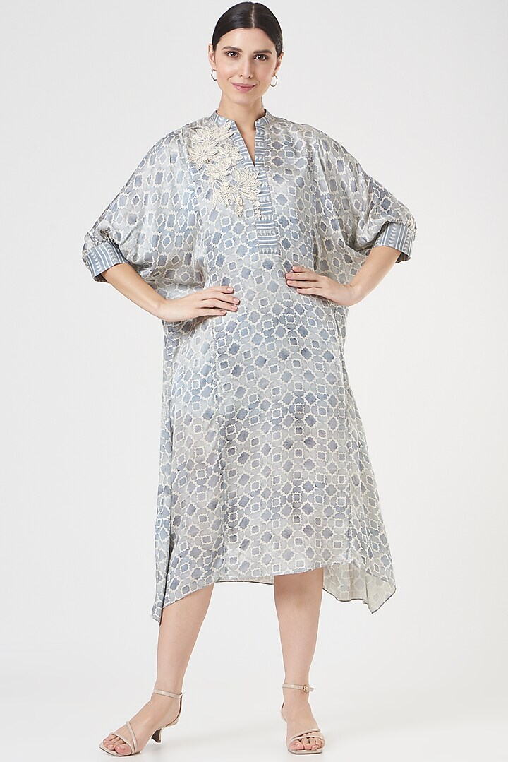 Ash Blue Embroidered A-Line Tunic by Varq By Varun Nidhika
