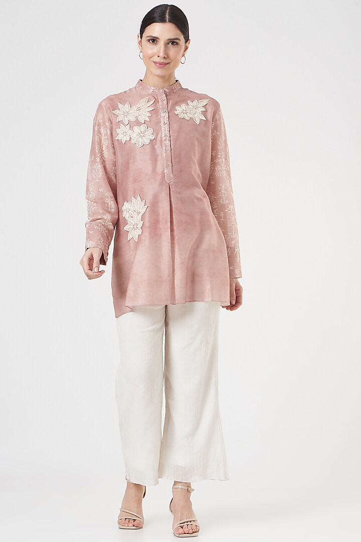 Terracotta Pink Chanderi Silk A-Line Shirt Tunic by Varq By Varun Nidhika