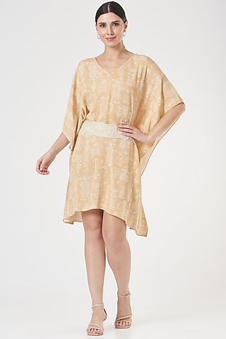 Ochre Printed Kaftan Dress With Belt by Varq By Varun Nidhika