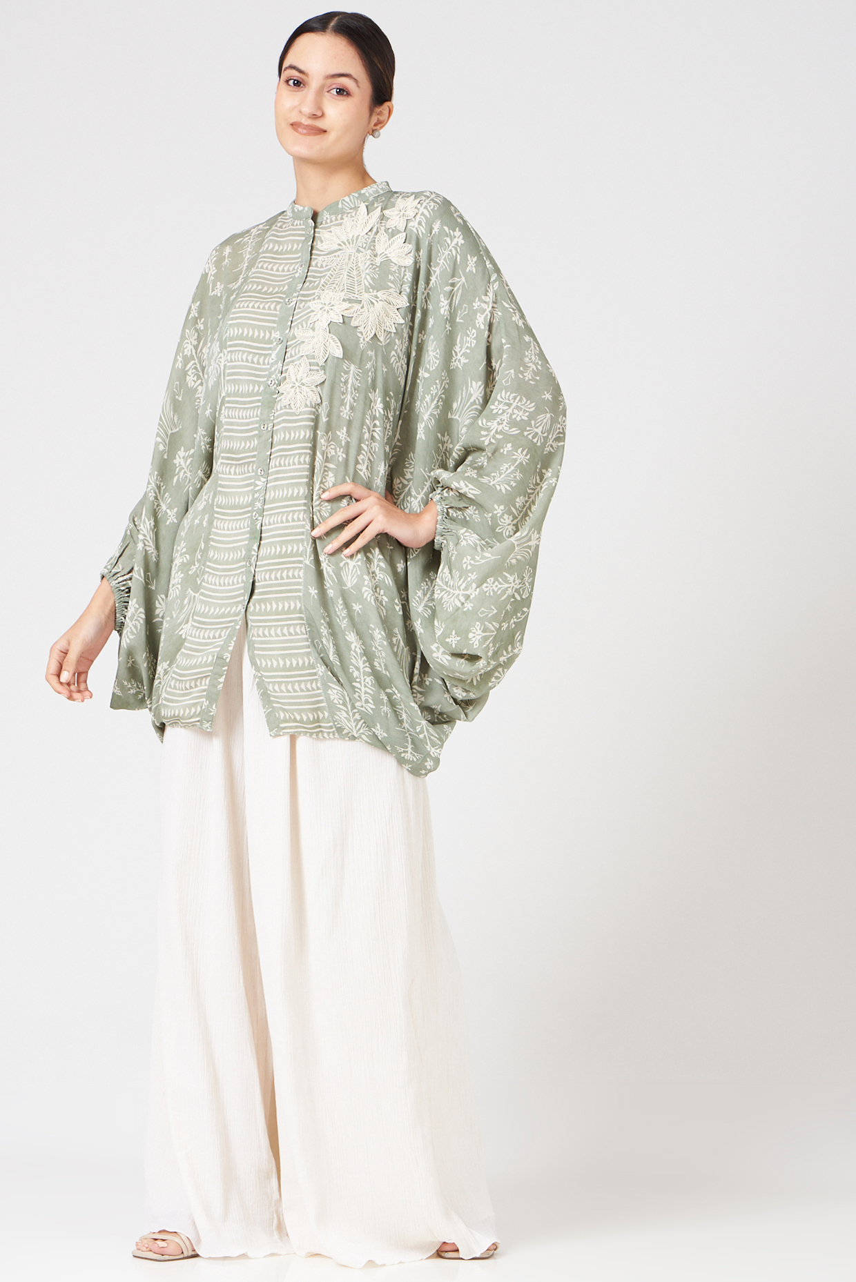 Olive Green Printed Cape Shirt by Varq By Varun Nidhika