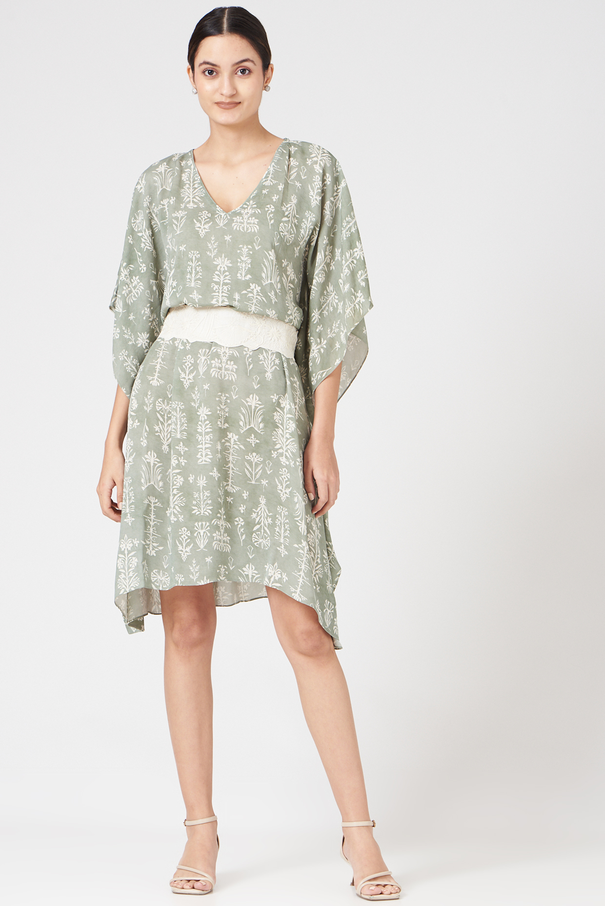 Olive Green Printed Kaftan With Belt by Varq By Varun Nidhika