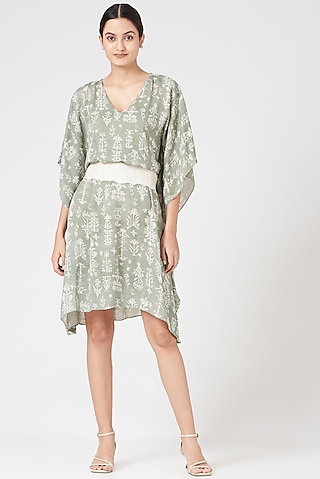 Olive Green Printed Kaftan With Belt by Varq By Varun Nidhika