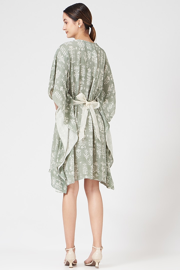 Olive Green Printed Kaftan With Belt by Varq By Varun Nidhika at Pernia's Pop Up Shop