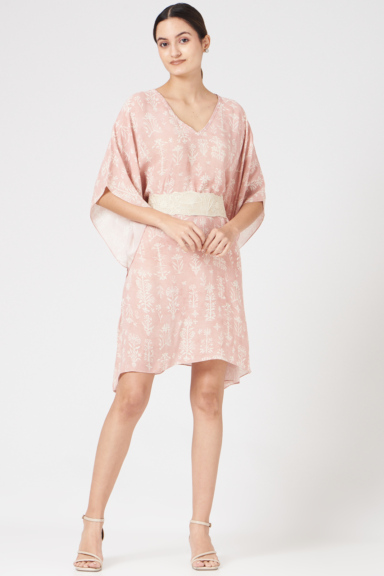 Blush Pink Printed Kaftan With Belt by Varq By Varun Nidhika at Pernia's Pop Up Shop