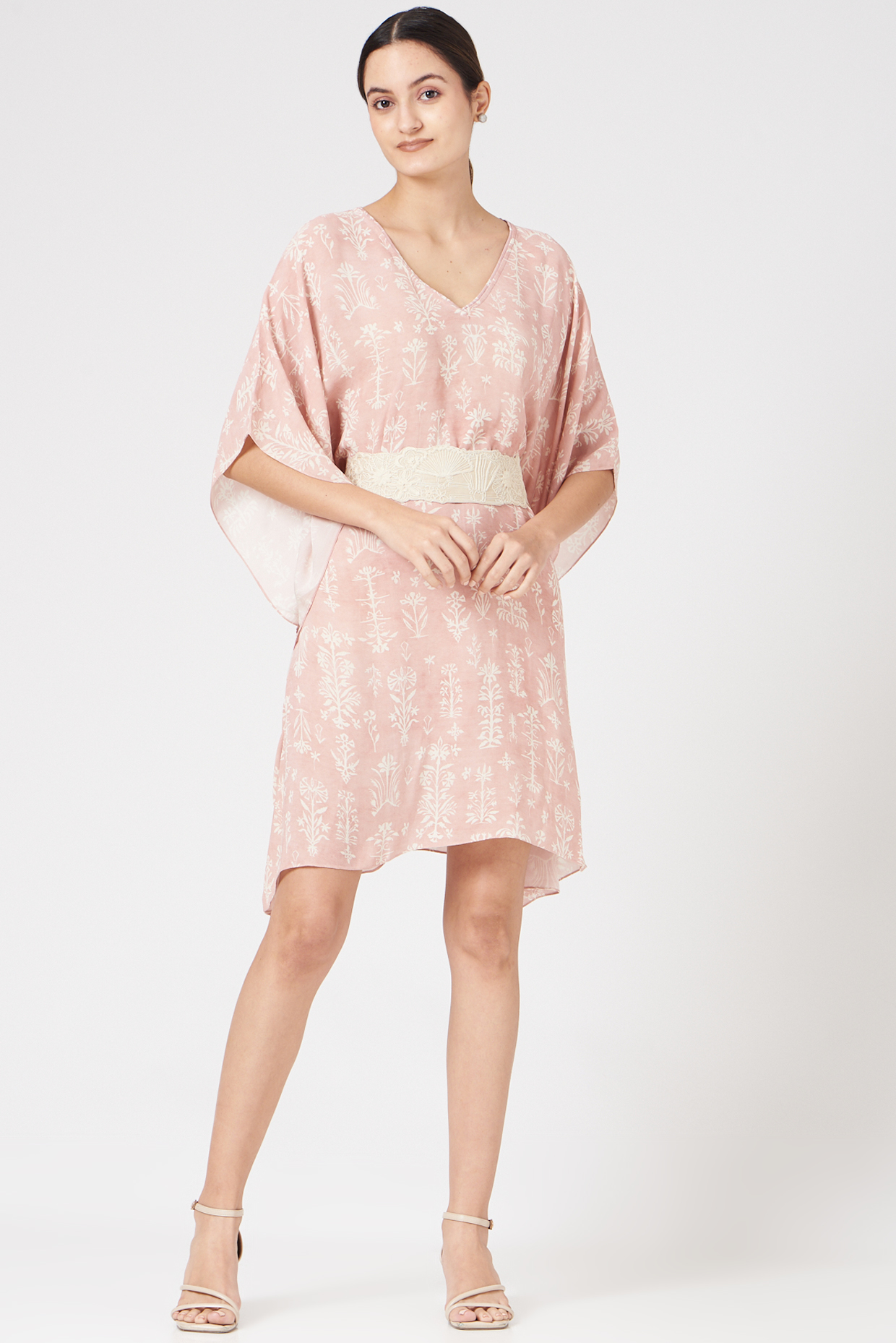 Blush Pink Printed Kaftan With Belt by Varq By Varun Nidhika