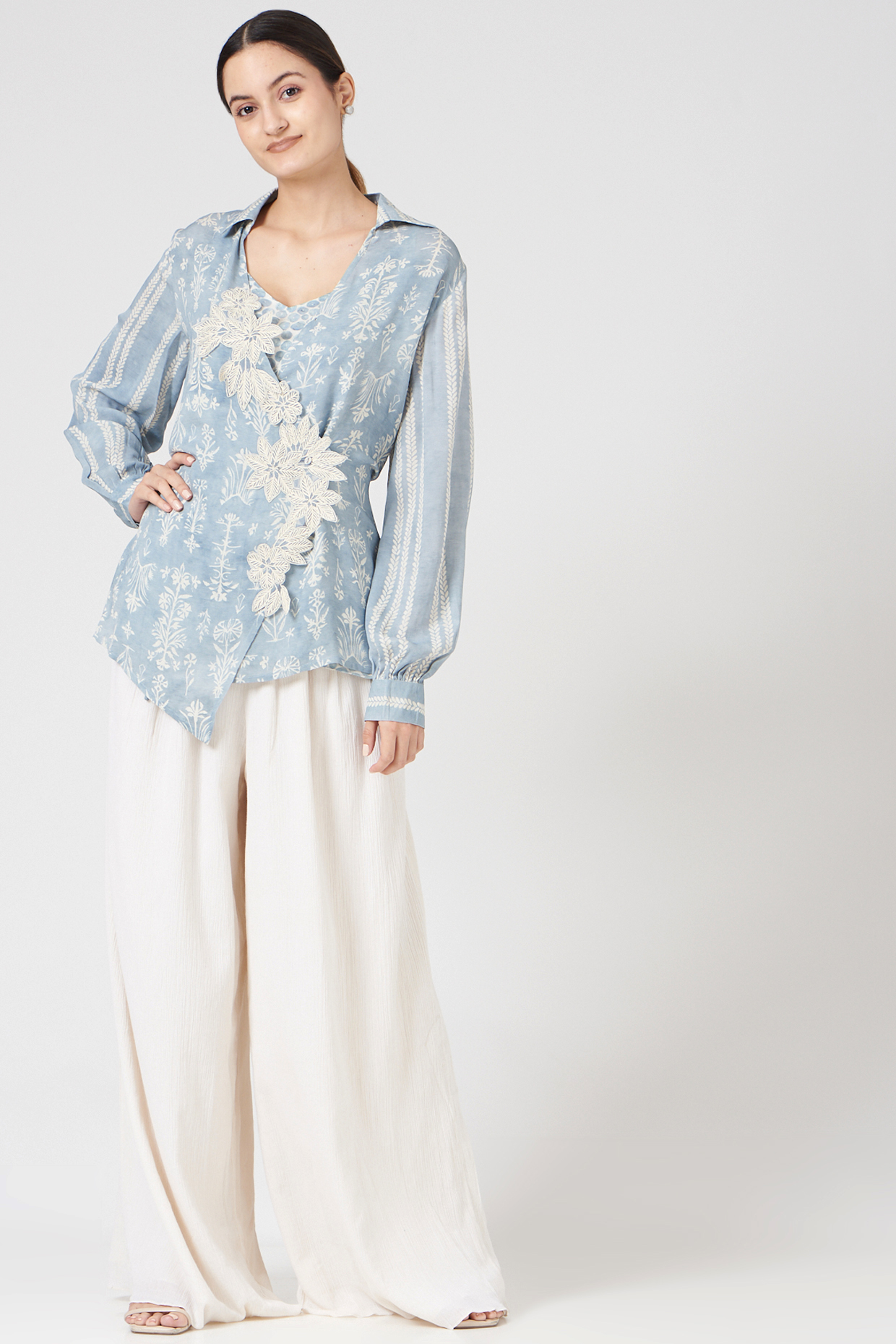 Sky Blue Printed & Embroidered Shirt Tunic by Varq By Varun Nidhika