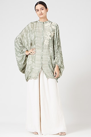 Olive Green Printed Cape Shirt by Varq By Varun Nidhika