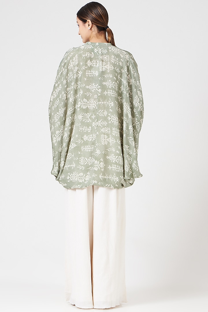 Olive Green Printed Cape Shirt by Varq By Varun Nidhika at Pernia's Pop Up Shop