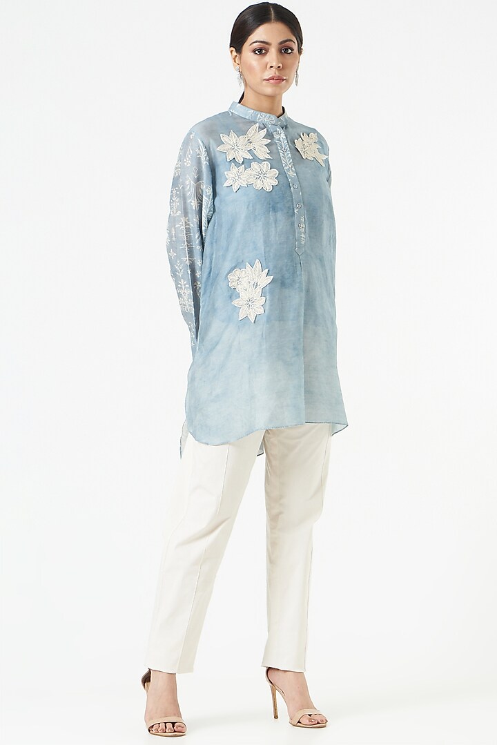 Ash Blue Embroidered A-Line Shirt Tunic by Varq By Varun Nidhika