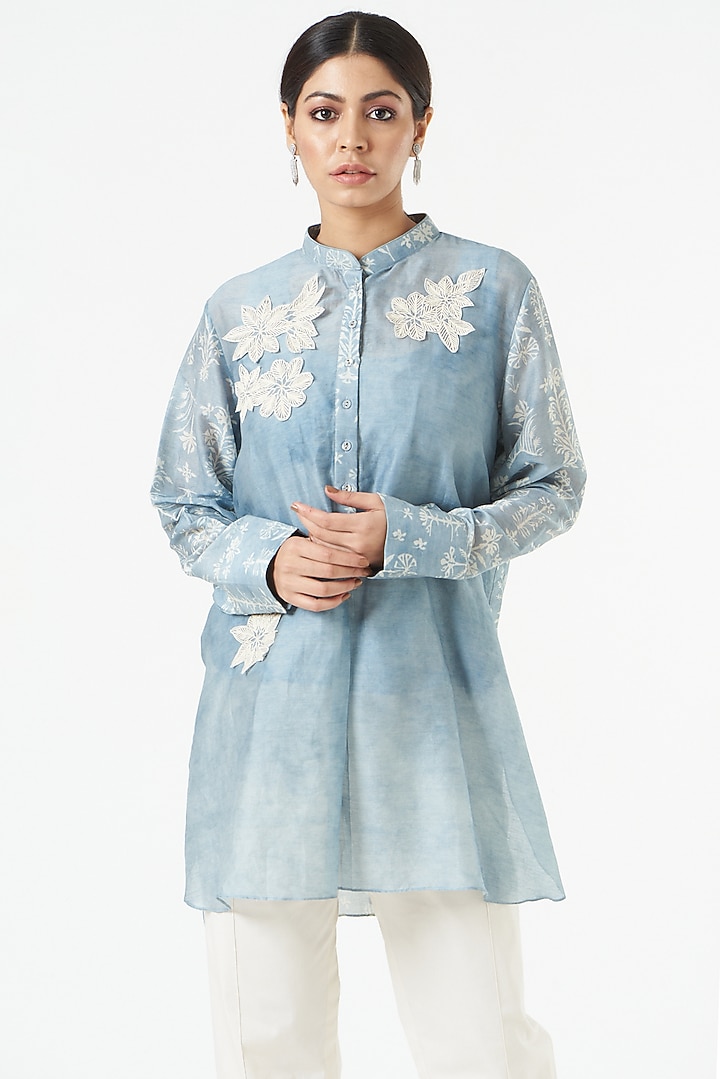 Ash Blue Embroidered A-Line Shirt Tunic by Varq By Varun Nidhika at Pernia's Pop Up Shop