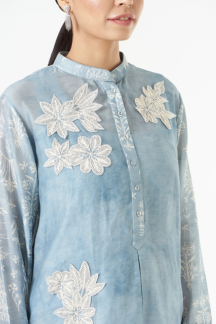 Ash Blue Embroidered A-Line Shirt Tunic by Varq By Varun Nidhika at Pernia's Pop Up Shop