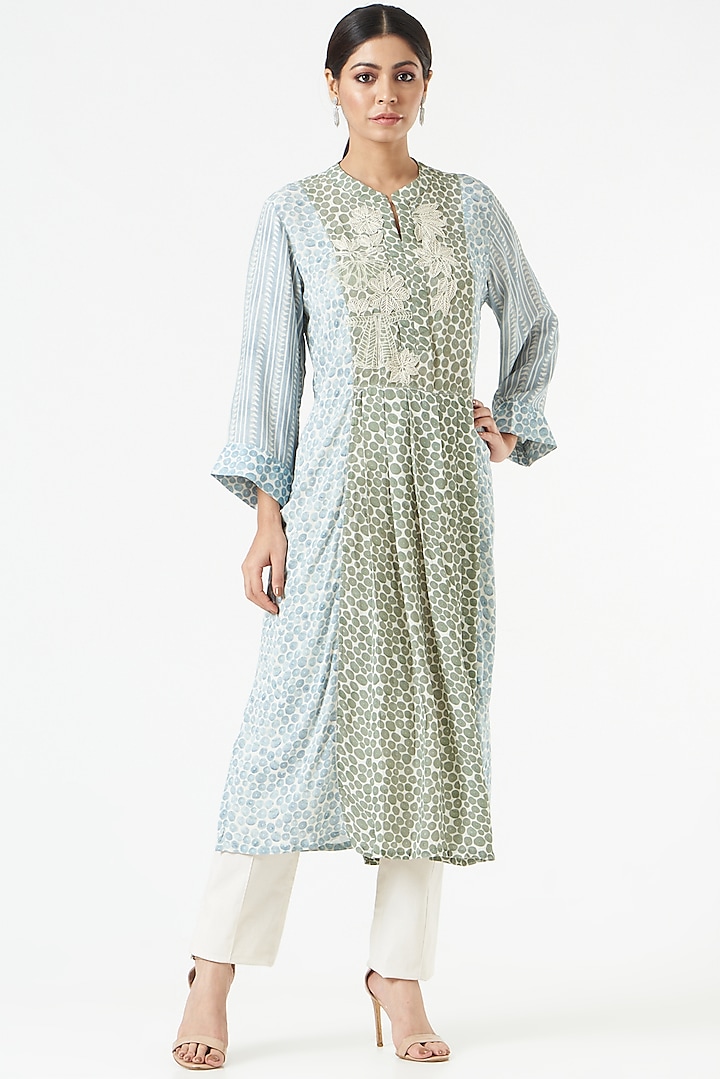Ash Blue & Olive Green Embroidered Tunic by Varq By Varun Nidhika