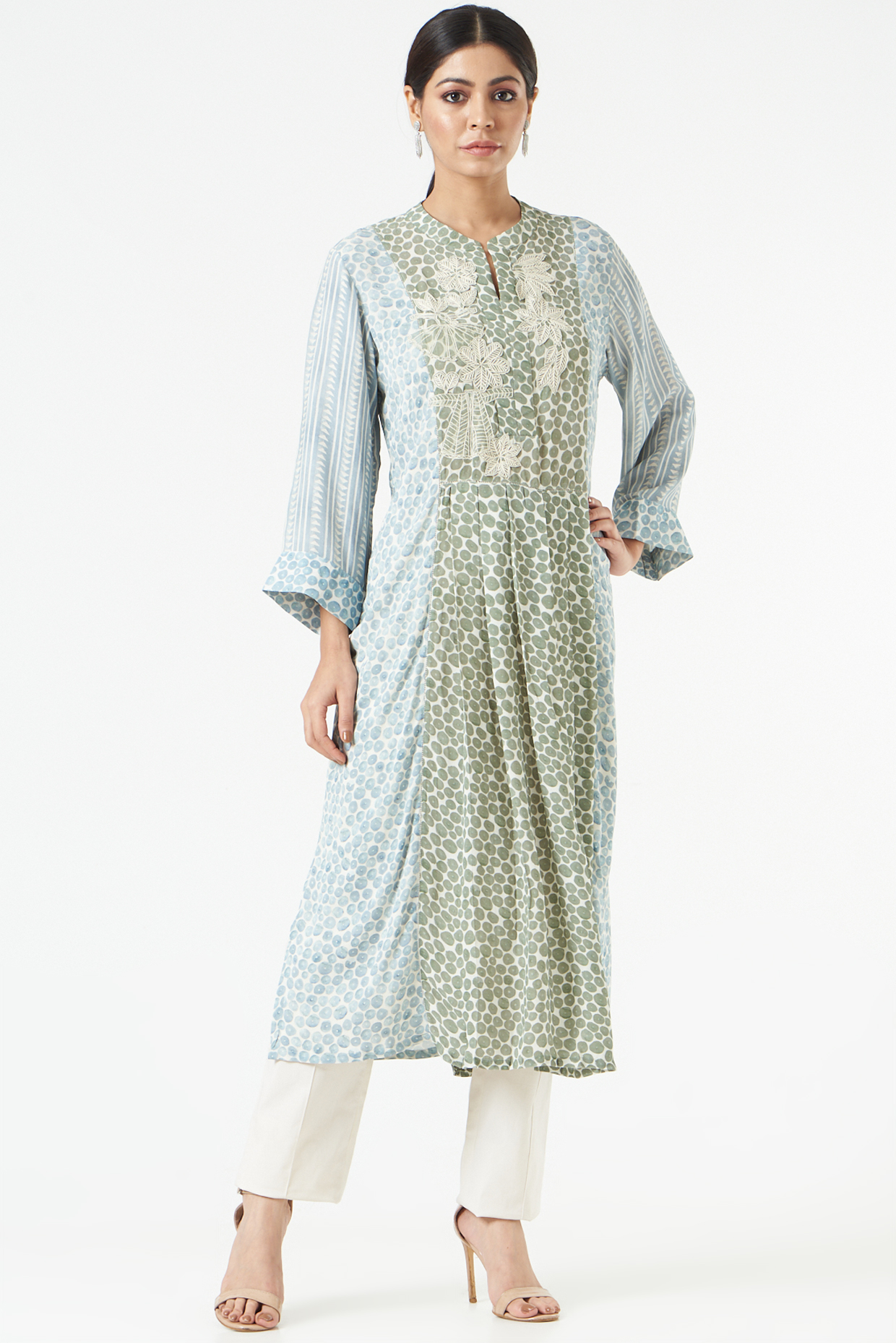 Ash Blue & Olive Green Embroidered Tunic by Varq By Varun Nidhika at Pernia's Pop Up Shop