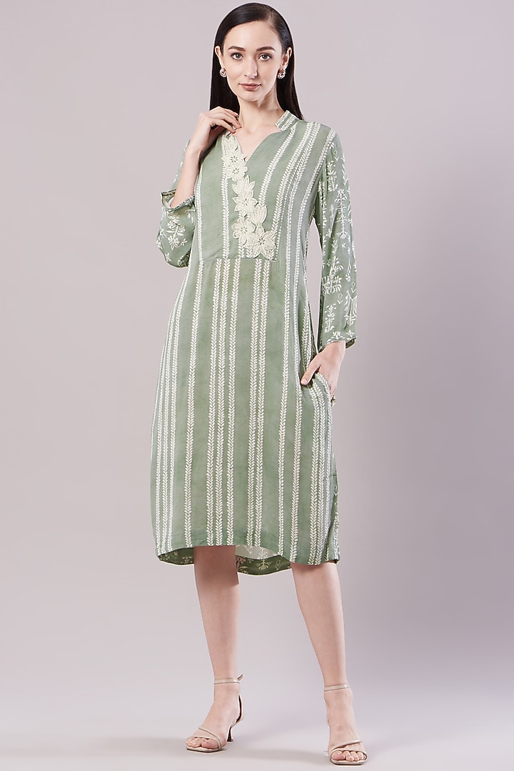 Sage Green Printed & Embroidered Tunic by Varq By Varun Nidhika at Pernia's Pop Up Shop