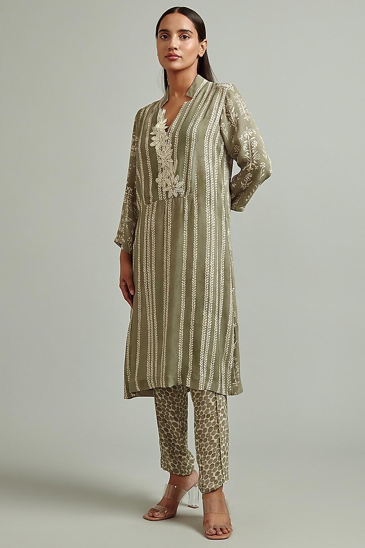 Olive Green Embroidered Tunic by Varq By Varun Nidhika