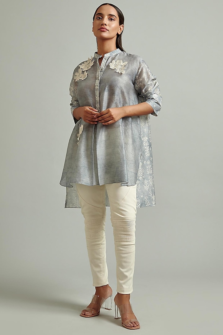Sky Blue Silk Embroidered A-line Tunic by Varq By Varun Nidhika