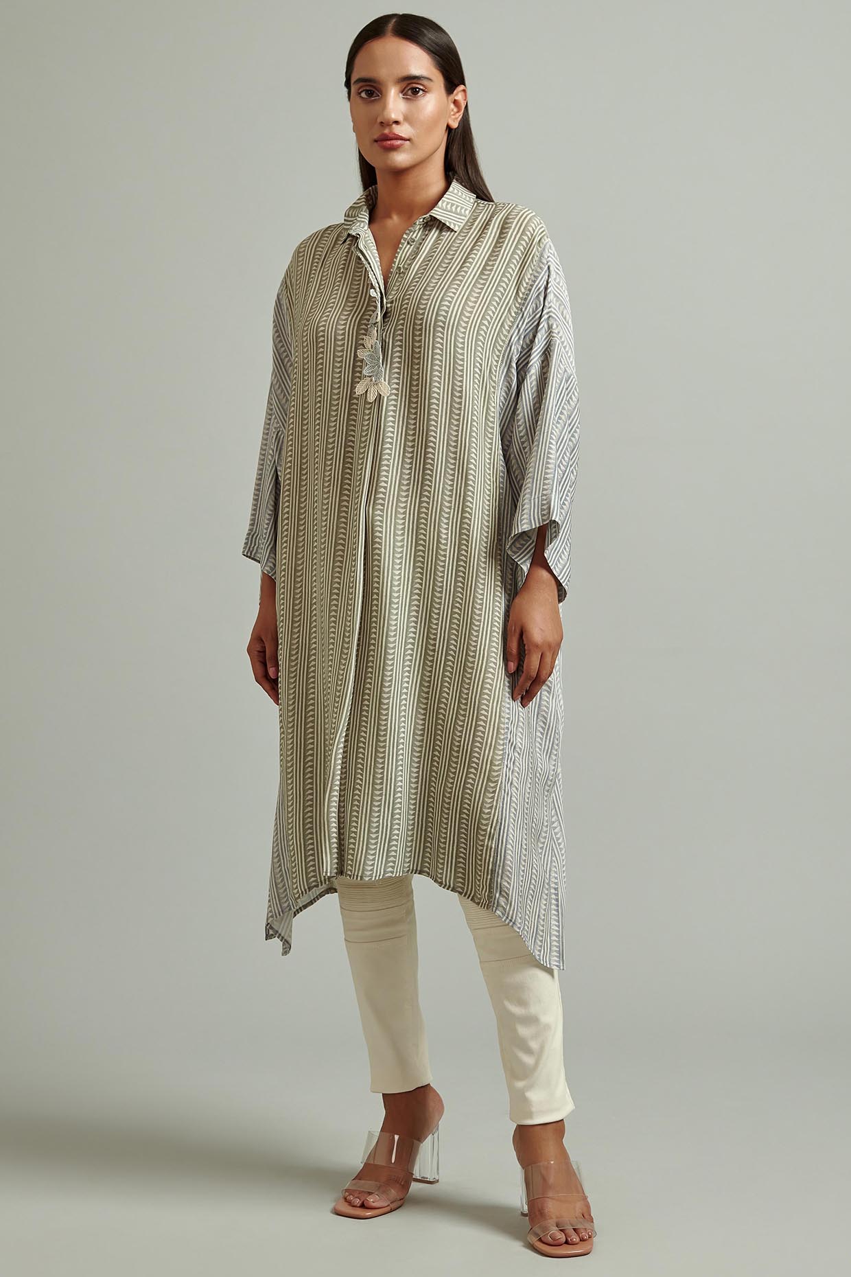 Olive Green Printed Shirt Dress by Varq By Varun Nidhika