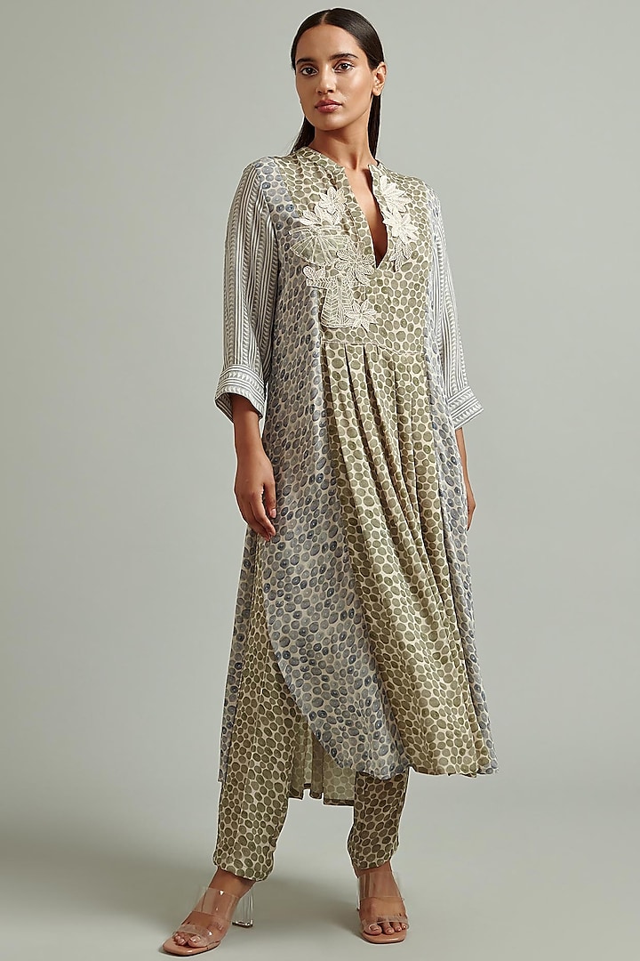 Olive Green & Blue Embroidered Tunic by Varq By Varun Nidhika