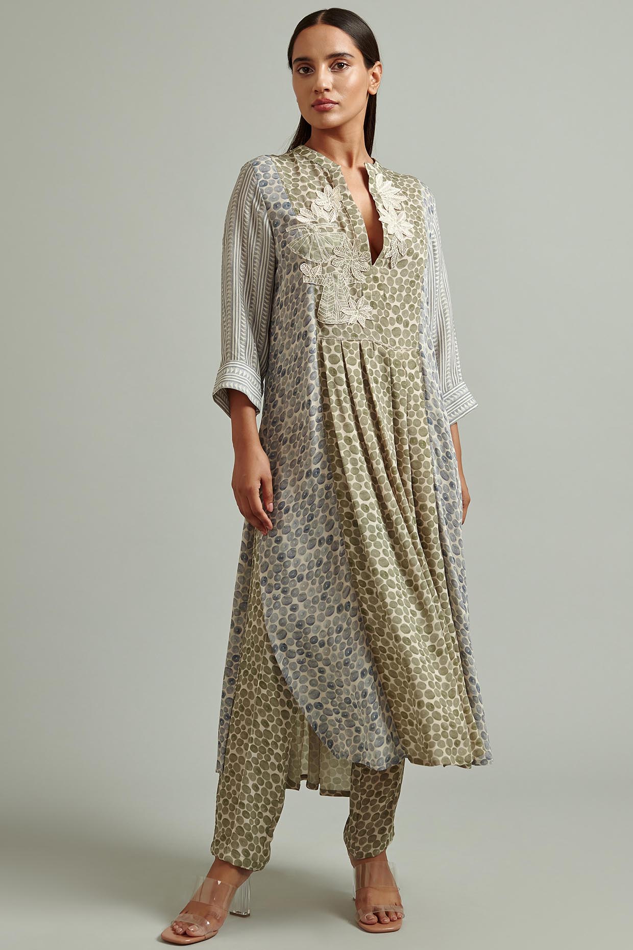 Olive Green & Blue Embroidered Tunic by Varq By Varun Nidhika at Pernia's Pop Up Shop