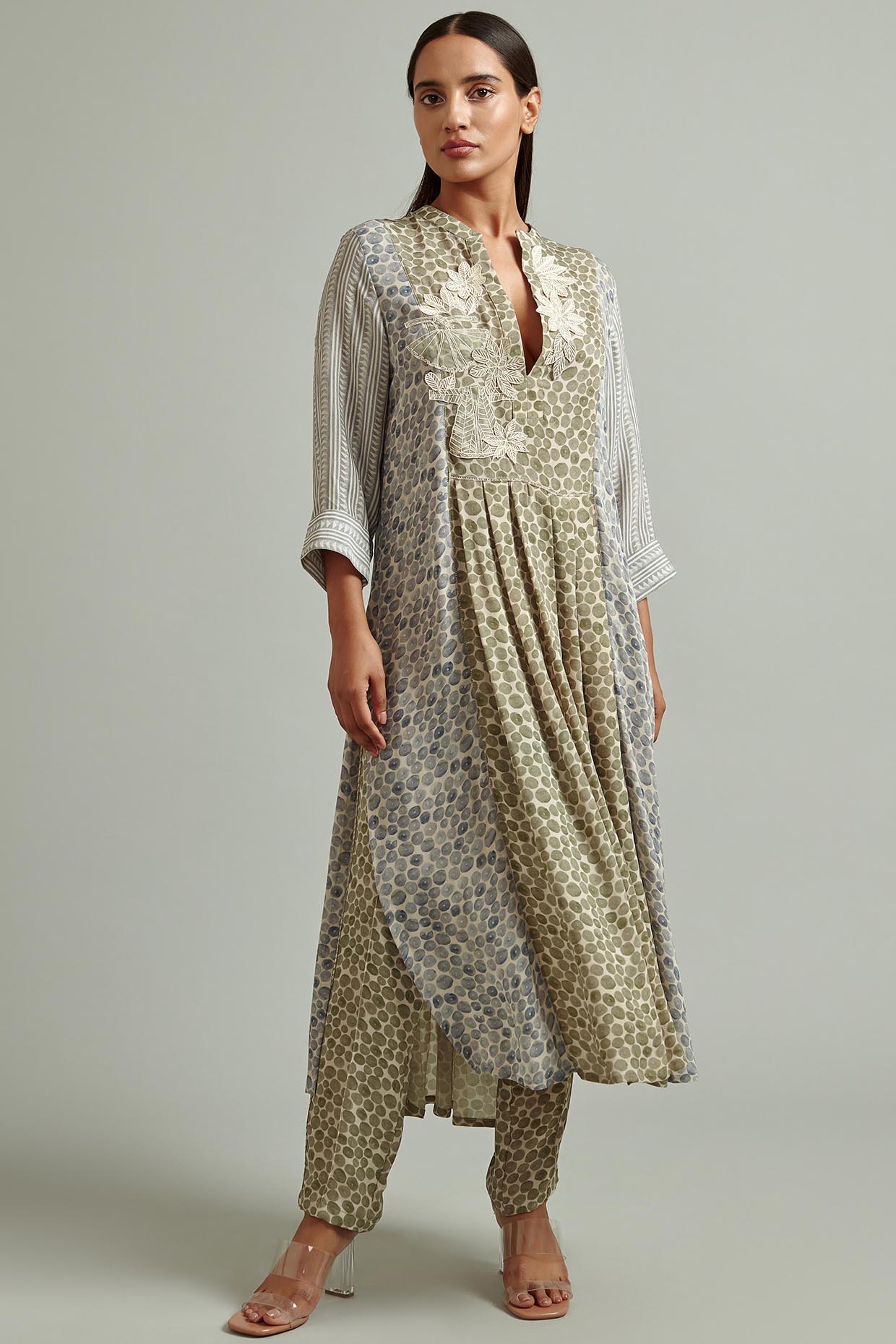 Olive Green & Blue Embroidered Tunic by Varq By Varun Nidhika