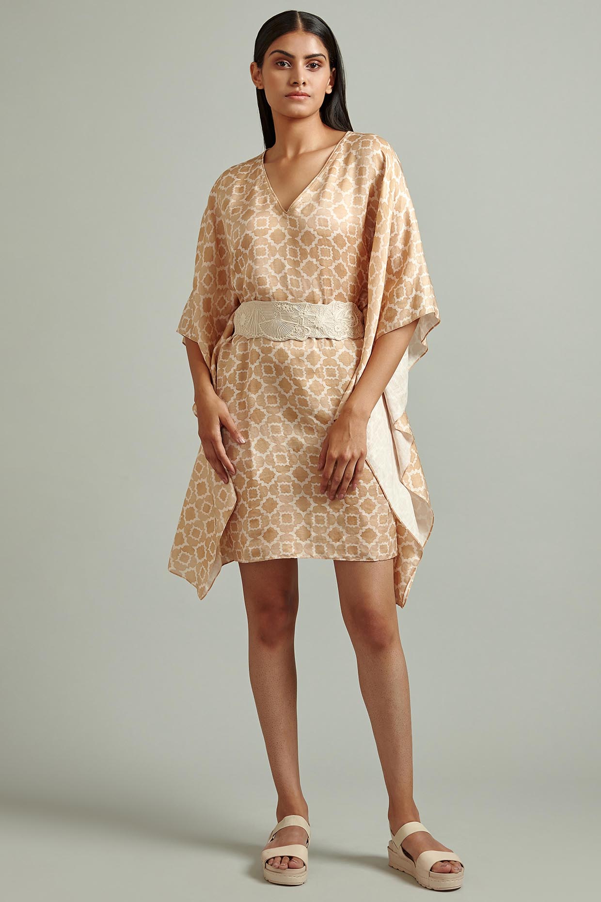 Yellow Printed Kaftan Dress With Belt by Varq By Varun Nidhika