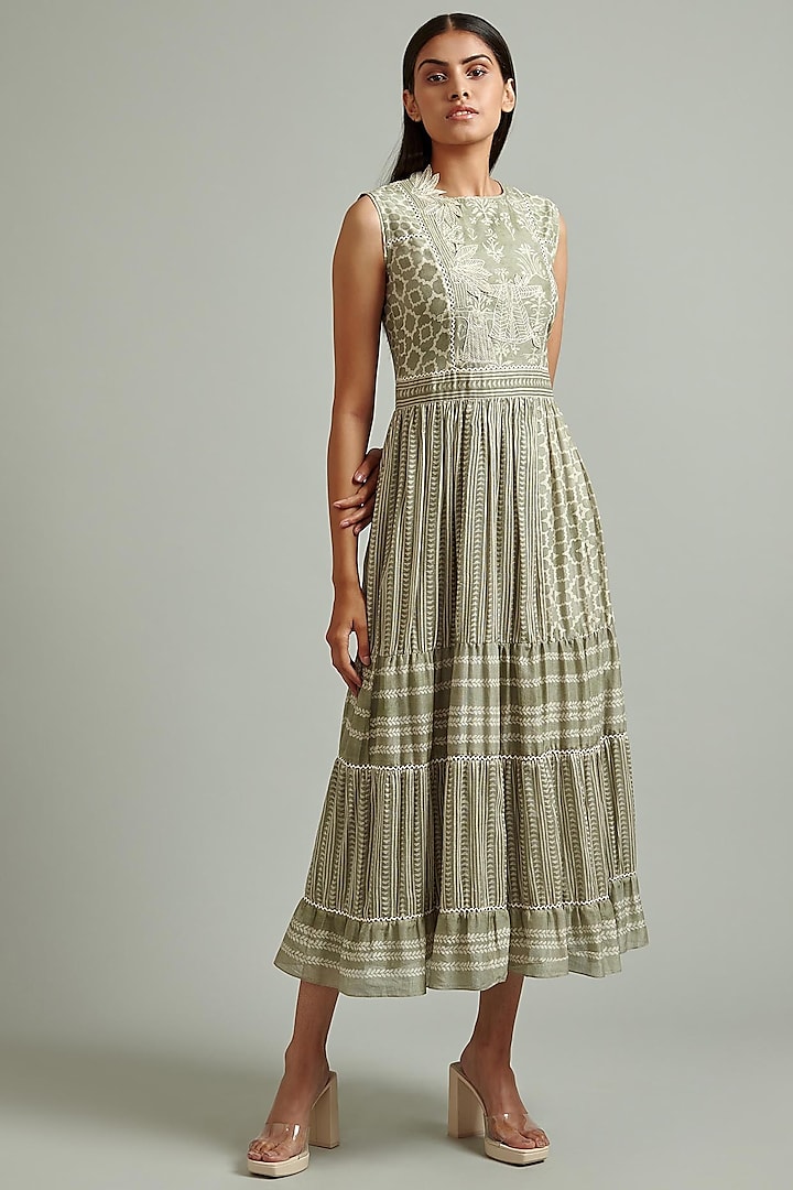 Olive Green Floral Tiered Dress by Varq By Varun Nidhika