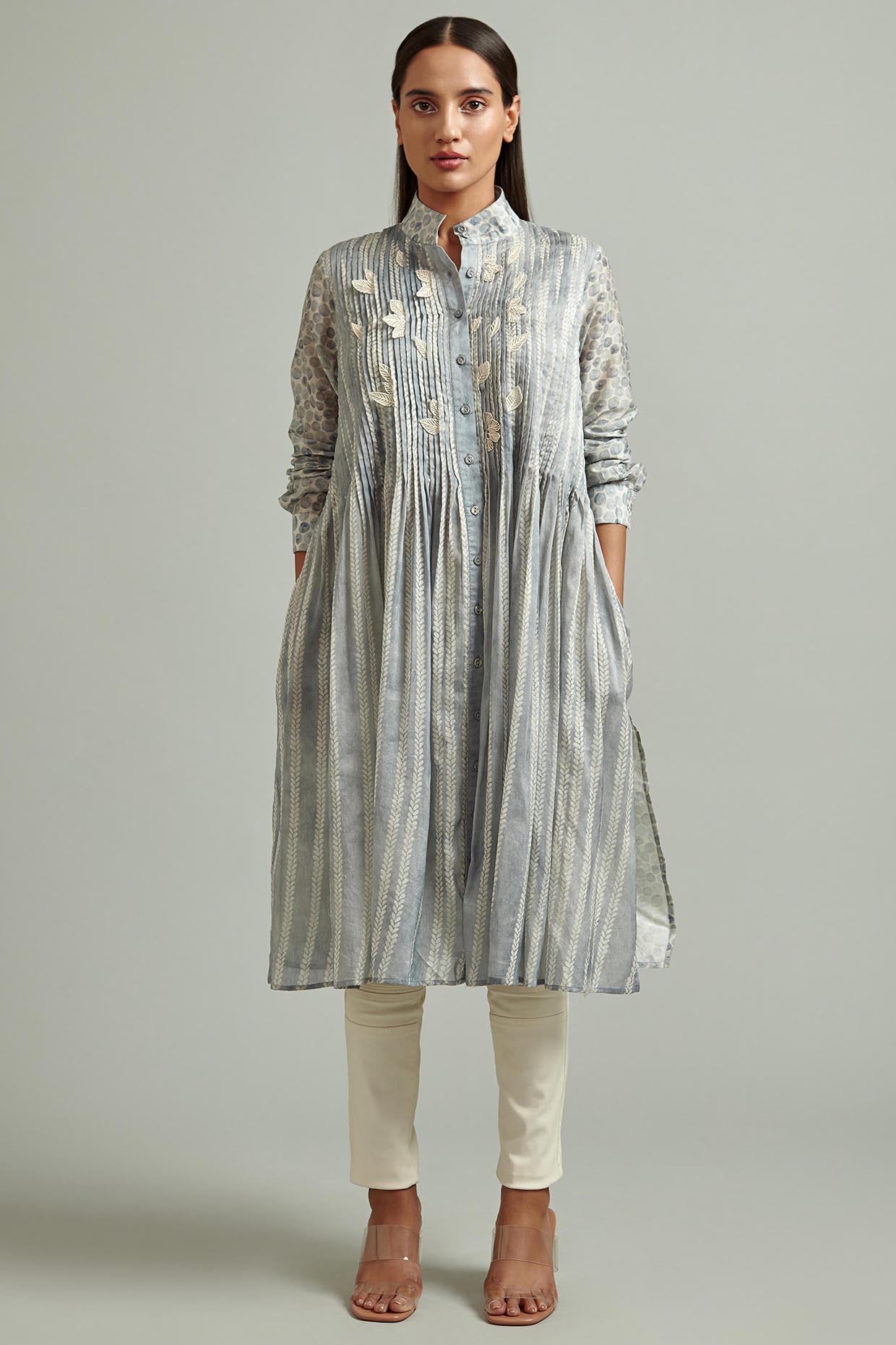 Sky Blue Printed Shirt Dress by Varq By Varun Nidhika