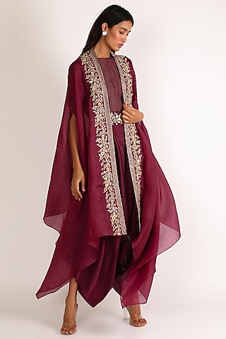 Wine Embroidered Jumpsuit by Vara By Vibha & Priti