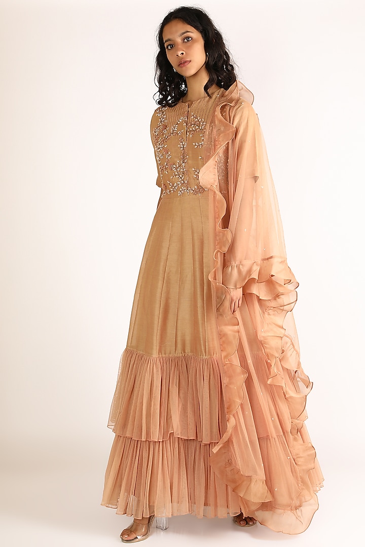Coral Embroidered Frill Gown With Dupatta by Vara By Vibha & Priti