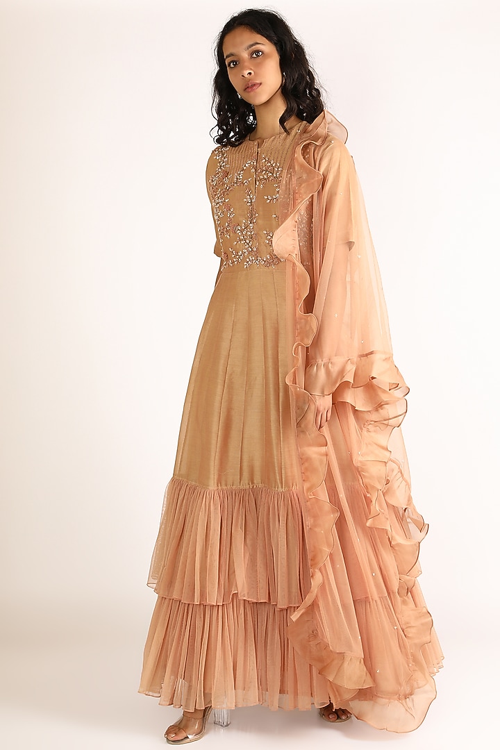 Coral Embroidered Frill Gown With Dupatta by Vara By Vibha Priti