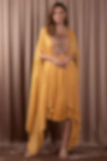 Yellow Satin Chiffon Hand Embroidered Gathered Vacation Dress by Vara By Vibha & Priti at Pernia's Pop Up Shop