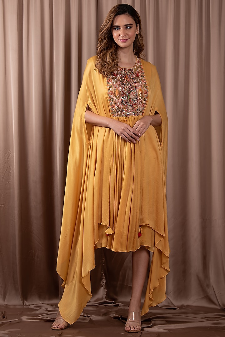 Yellow Satin Chiffon Hand Embroidered Gathered Vacation Dress by Vara By Vibha & Priti at Pernia's Pop Up Shop