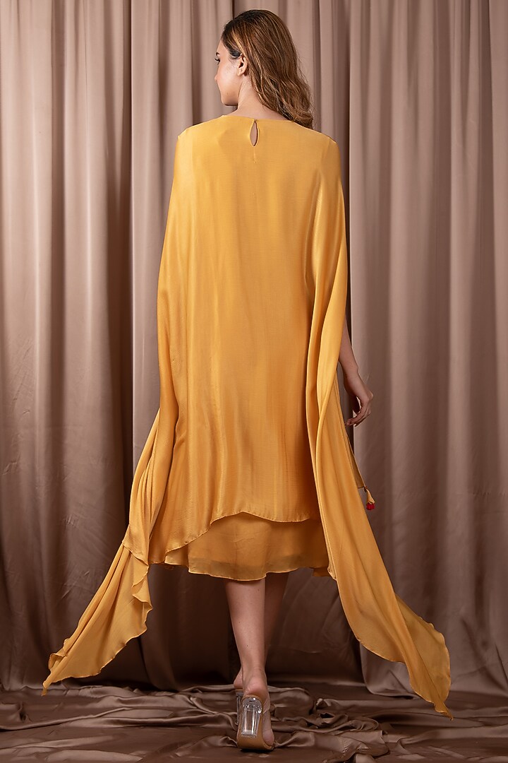 Yellow Satin Chiffon Hand Embroidered Gathered Vacation Dress by Vara By Vibha & Priti at Pernia's Pop Up Shop