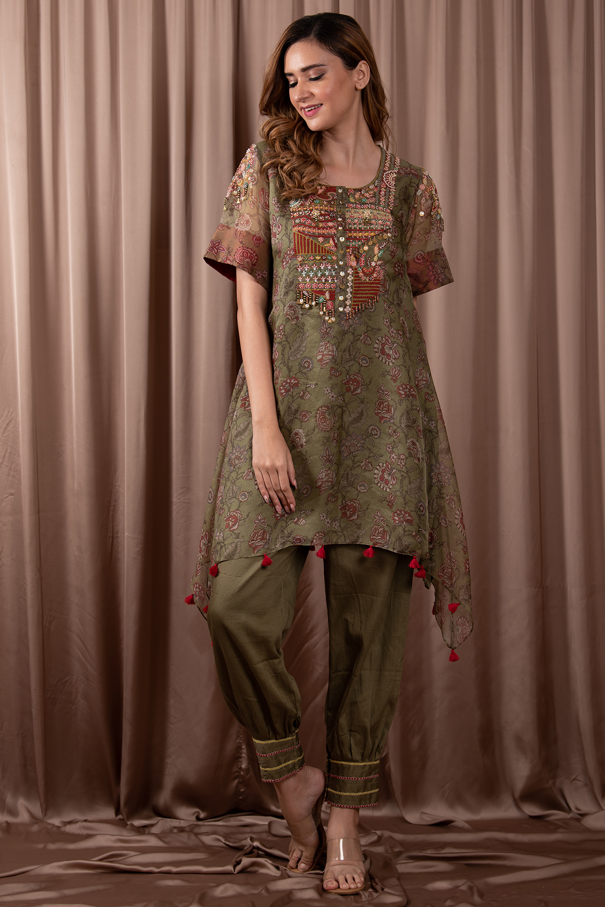 Green Organza & Silk Printed Tunic Set by Vara By Vibha & Priti at Pernia's Pop Up Shop