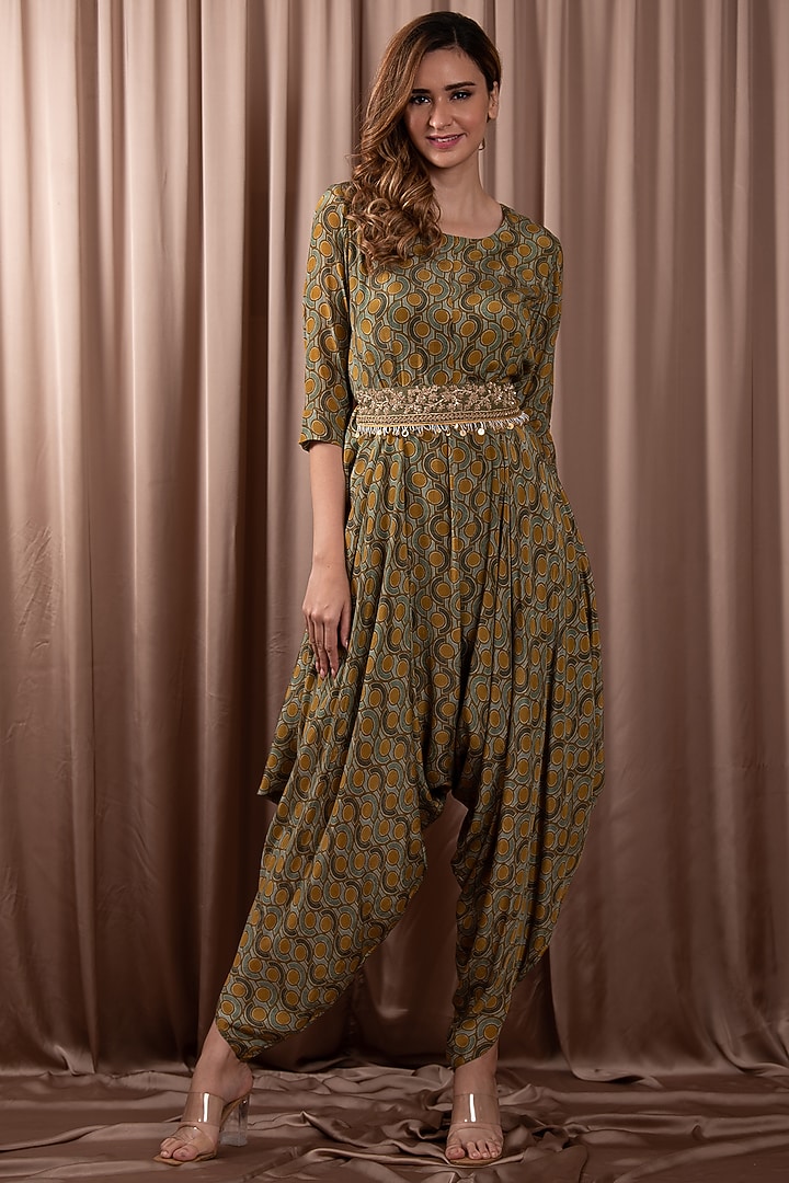 Green Silk Printed & Hand Embroidered Jumpsuit by Vara By Vibha & Priti at Pernia's Pop Up Shop
