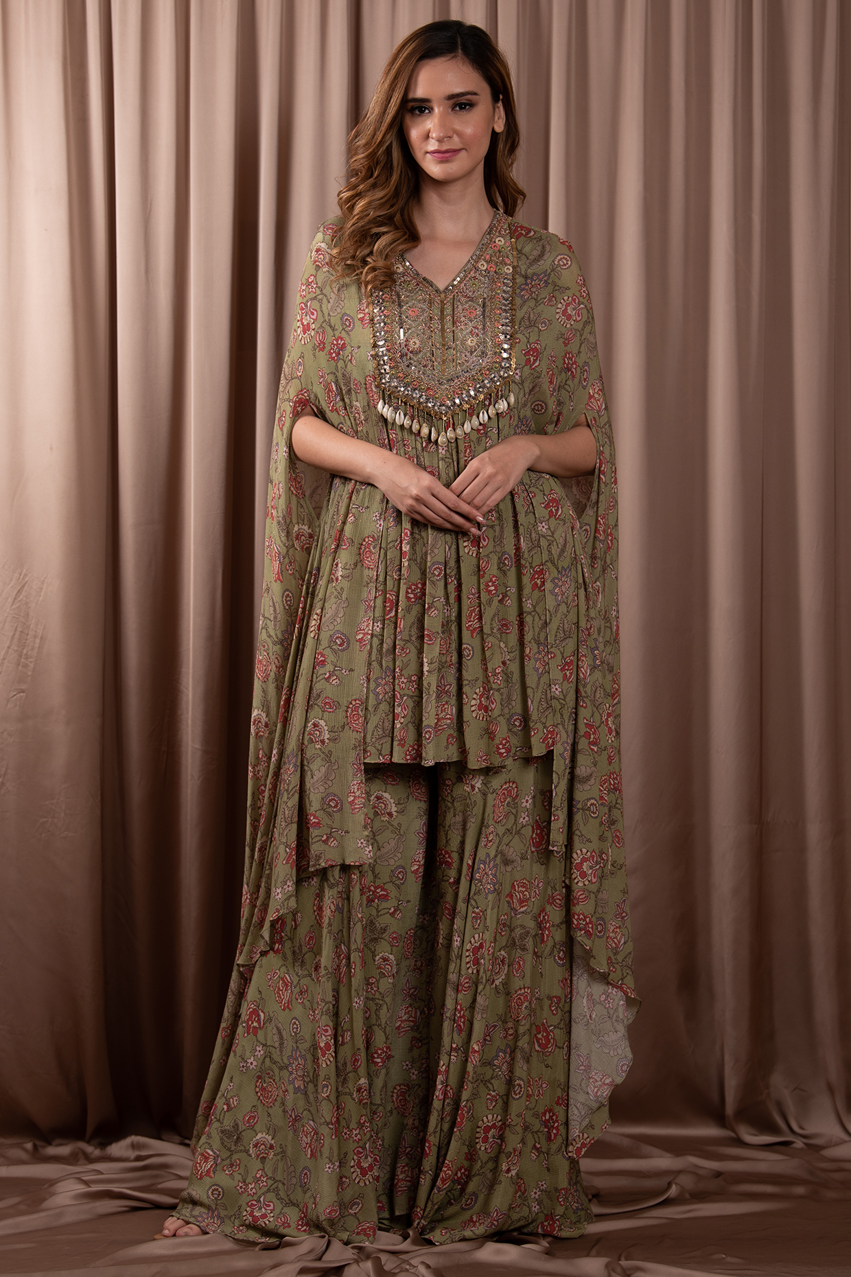 Green Chiffon Party Wear Sharara Set by Vara By Vibha & Priti at Pernia's Pop Up Shop