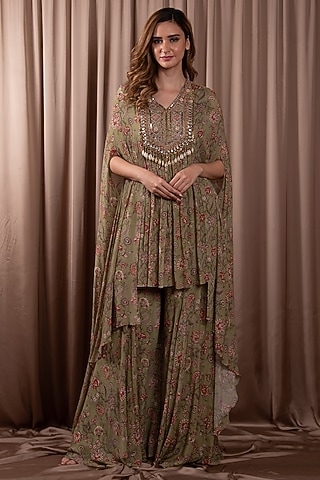 Green Chiffon Sharara Set by Vara By Vibha & Priti