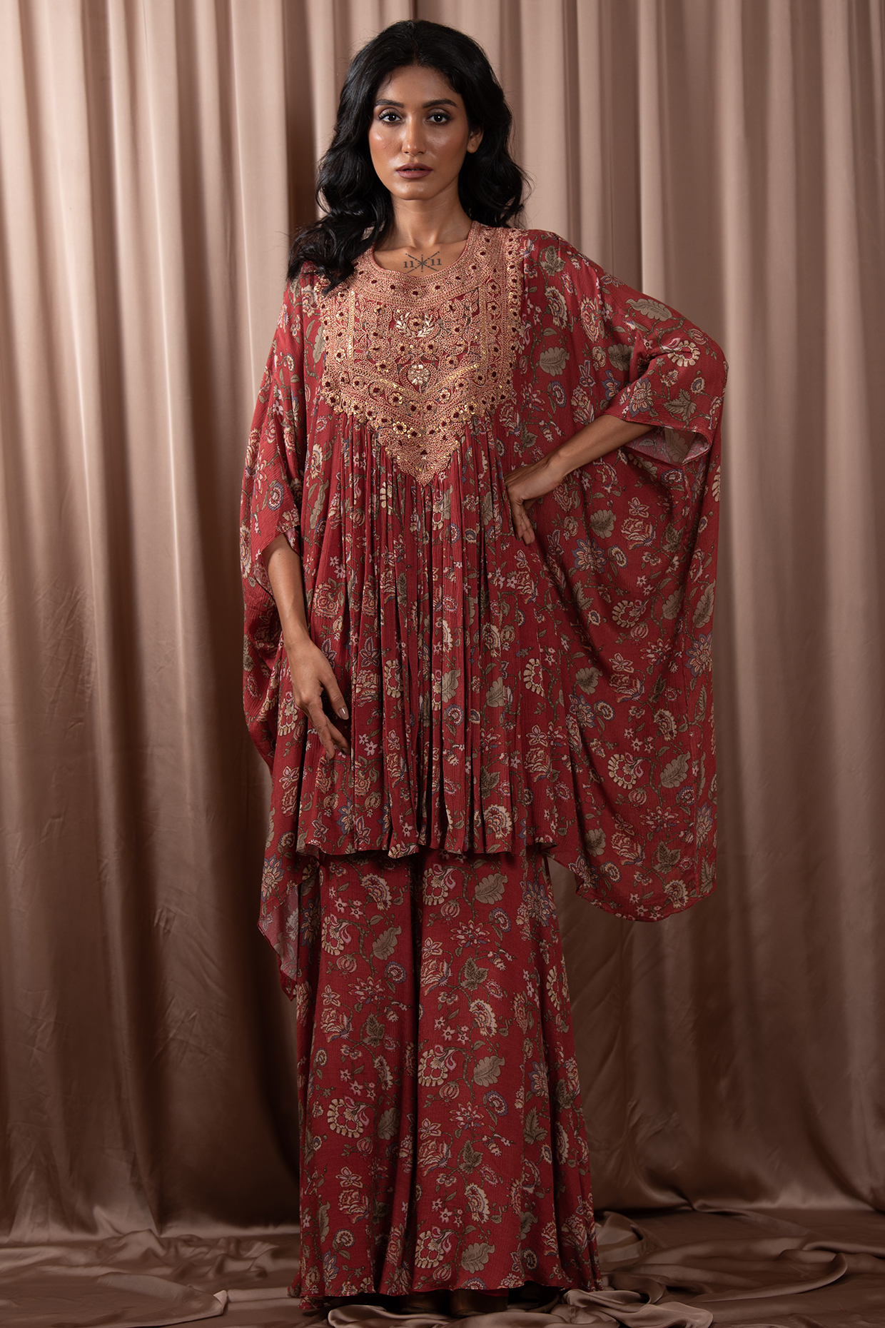 Maroon Chiffon Sharara Set by Vara By Vibha & Priti