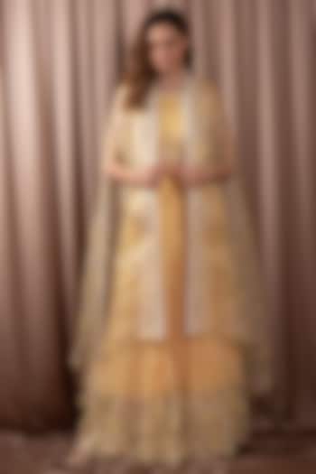 Yellow Chiffon & Organza Wedding Sharara Set by Vara By Vibha & Priti at Pernia's Pop Up Shop