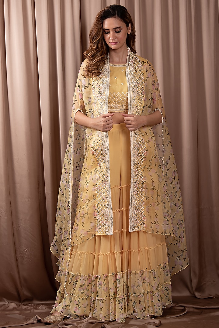 Yellow Chiffon & Organza Wedding Sharara Set by Vara By Vibha & Priti at Pernia's Pop Up Shop